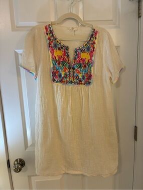Entro Ivory Cream Gauze Mexican Style Mini Dress Multicolor Embroidered Yoke M